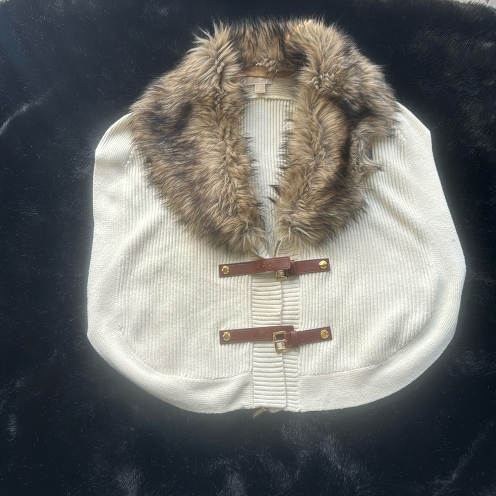 Michael Kors Faux fur knit poncho removable collar cream and brown size S
